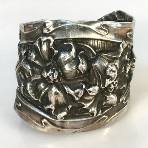 Antique Art Nouveau Sterling Cuff Bracelet Floral 925 Victorian Wide Bouquet - Picture 2 of 7
